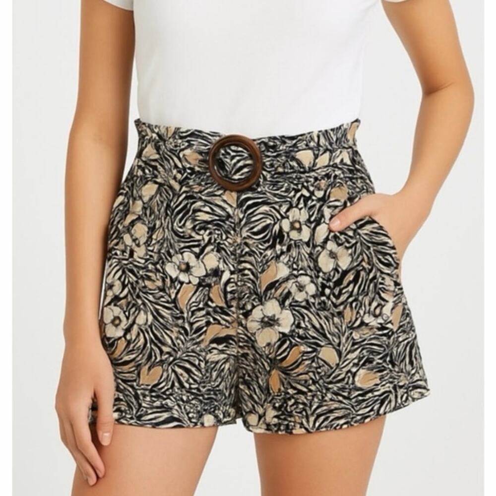 Jason Wu Shorts Size M Black Beige Floral Belted High Waist Cotton Stretch